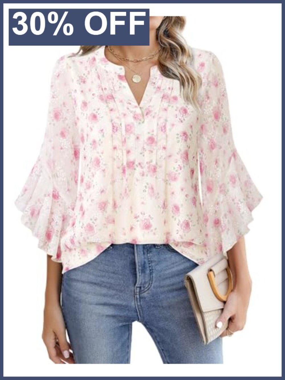 Timeson Women's 3/4 Ruffle Sleeve Pleated Henley V-Neck Chiffon Blouse Tunic
